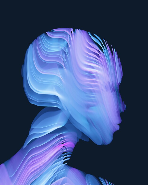 Abstract digital illustration of a human profile in flowing layers of blue and purple, symbolizing the complexity and beauty of neurodivergent minds.”