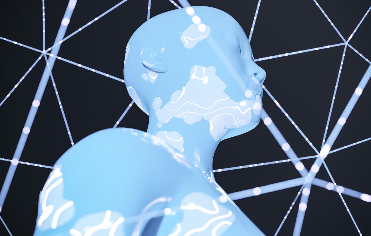 Abstract digital artwork of a glossy blue human profile surrounded by a glowing neural-like network, symbolizing reflection and clarity during the ADHD assessment process. Photo by AC from Unsplash+